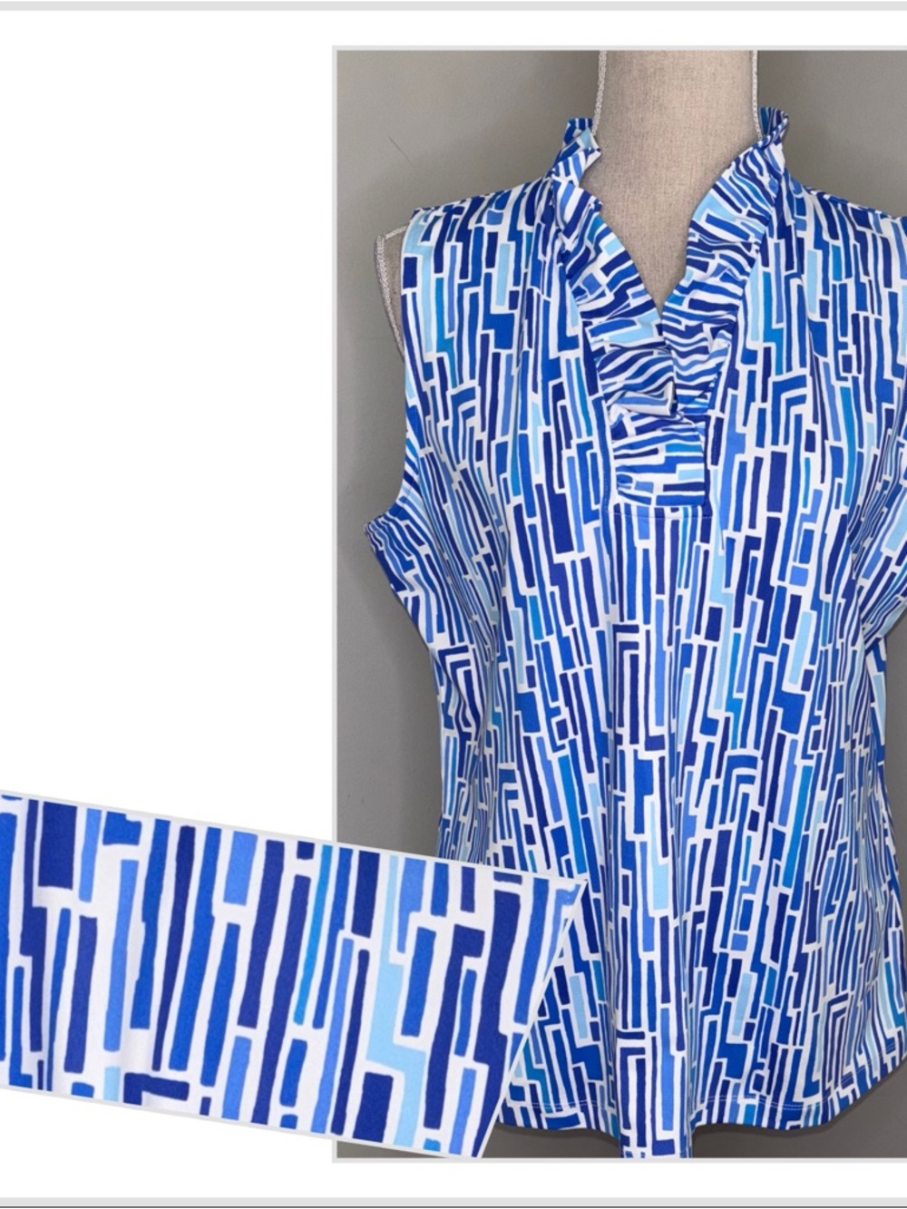J McLaughlin NEW Durham retro print blue & white stretch sleeveless top size XL